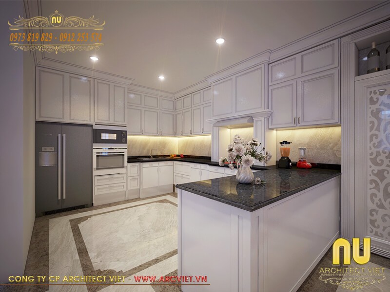 Thiết kế nội thất phòng bếp mẫu nhà 10x10 3 tầng đẹp vô cùng thoải mái và tiện lợi mẫu nhà 10x10 3 tầng đẹp