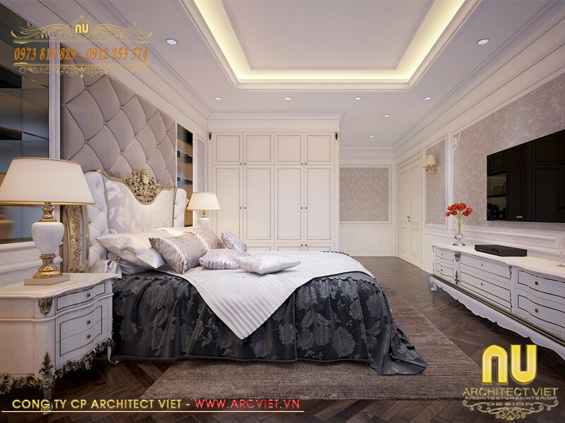 Phòng ngủ mẫu nhà 10x10 3 tầng đẹp được bố trí khá gọn gàng tiện ích mẫu nhà 10x10 3 tầng đẹp