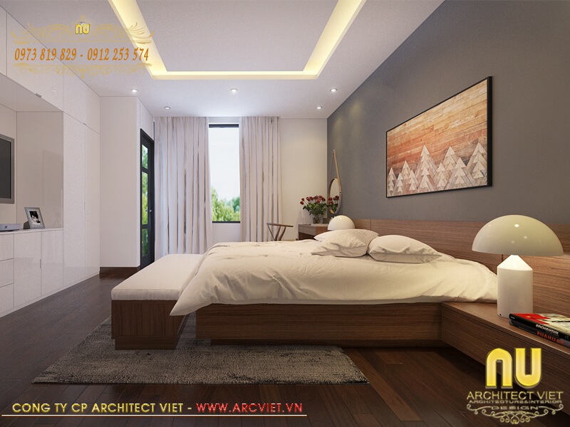 Không gian phòng ngủ mẫu nhà 3 tầng 5x16m thoáng sáng với hệ thống cửa sổ kính nhà 3 tầng 5x16m