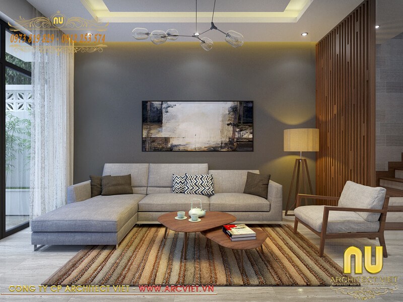 Phòng khách nhà 3 tầng 5x16m có veiw nhìn ra sân vườn đẹp, thoáng mát nhà 3 tầng 5x16m