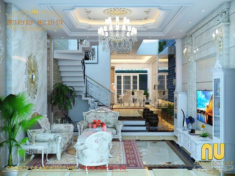 Không gian nội thất phòng khách nhà 3 tầng 6x17m đậm chất phong cách tân cổ điển nhà 3 tầng 6x17m