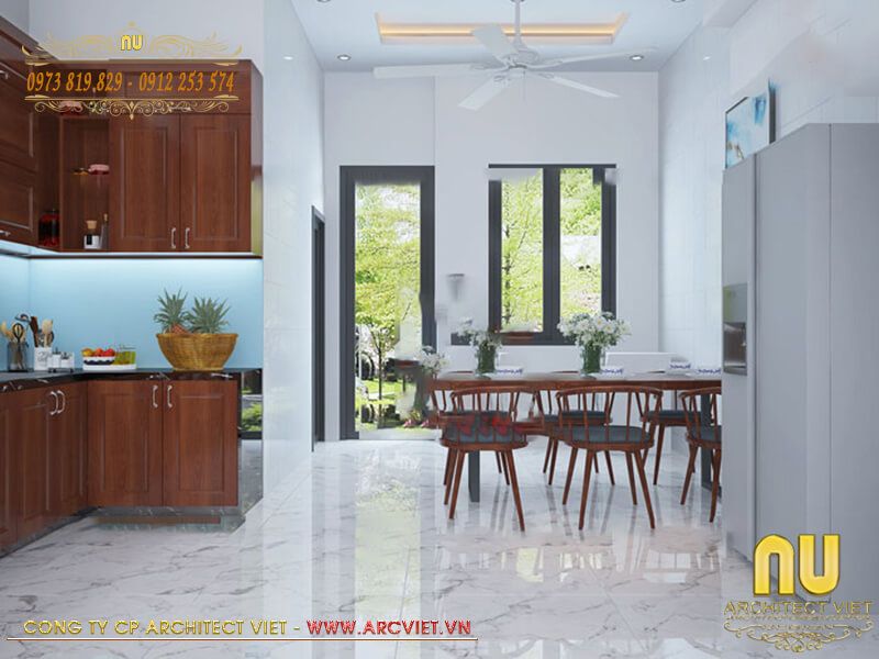 Không gian phòng bếp ăn mẫu nhà 3 tầng 8x15m thoáng sáng rộng rãi nhà 3 tầng 8x15m