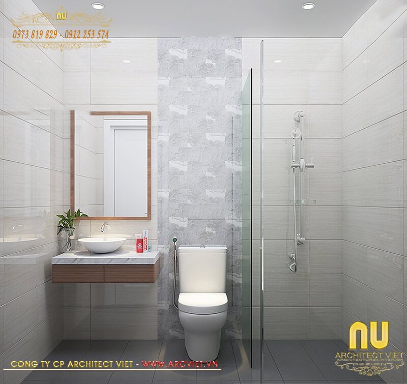 Xây nhà 2 tầng 5x15m - Thiết kế nội thất nhà tắm kết hợp vệ sinh tiện dụng xây nhà 2 tầng 5x15m