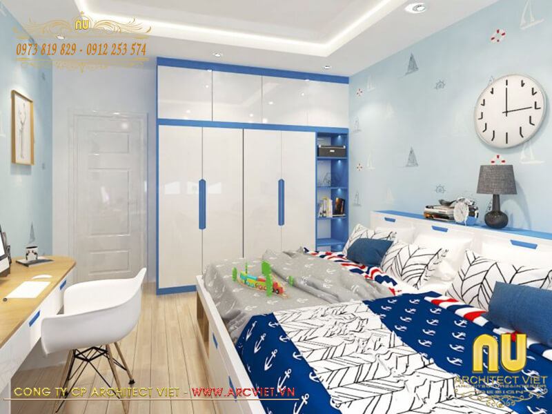 Xây nhà 2 tầng diện tích 5x12m - Nội thất phòng ngủ con trai được thiết kế khá sinh động xây nhà 2 tầng diện tích 5x12m