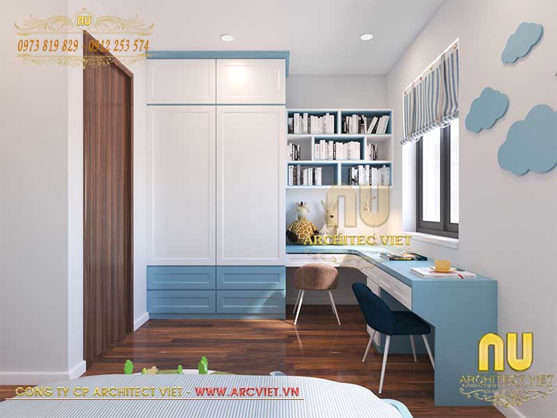 Thi công nhà phố 4 tầng tân cổ điển - góc học tập ngăn nắp gọn gàng thi công nhà phố