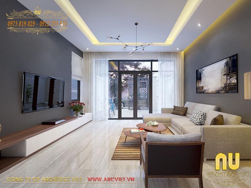 Phòng khách mẫu thiết kế nhà 3 tầng 5x10m được bố trí ngay sau cửa chính thiết kế nhà 3 tầng 5x10m