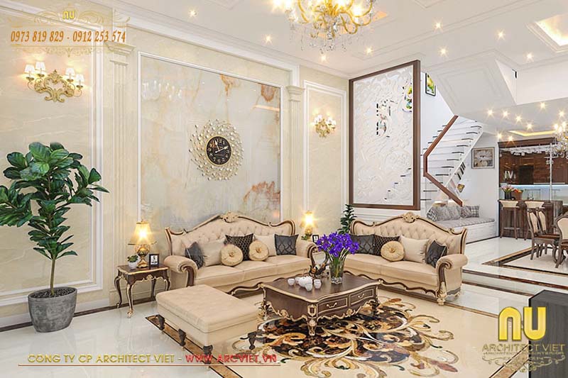 Nội thất phòng khách mẫu thiết kế nhà 4x14 mang đậm phong cách tân cổ điển thiết kế nhà 4x14