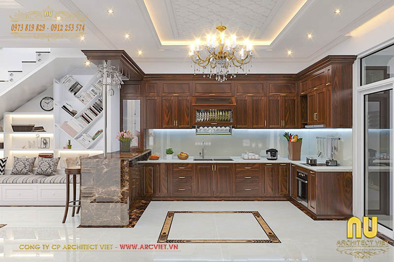 Nội thất phòng bếp mẫu thiết kế nhà 4x14 sử dụng hoàn toàn bằng gỗ tự nhiên thiết kế nhà 4x14