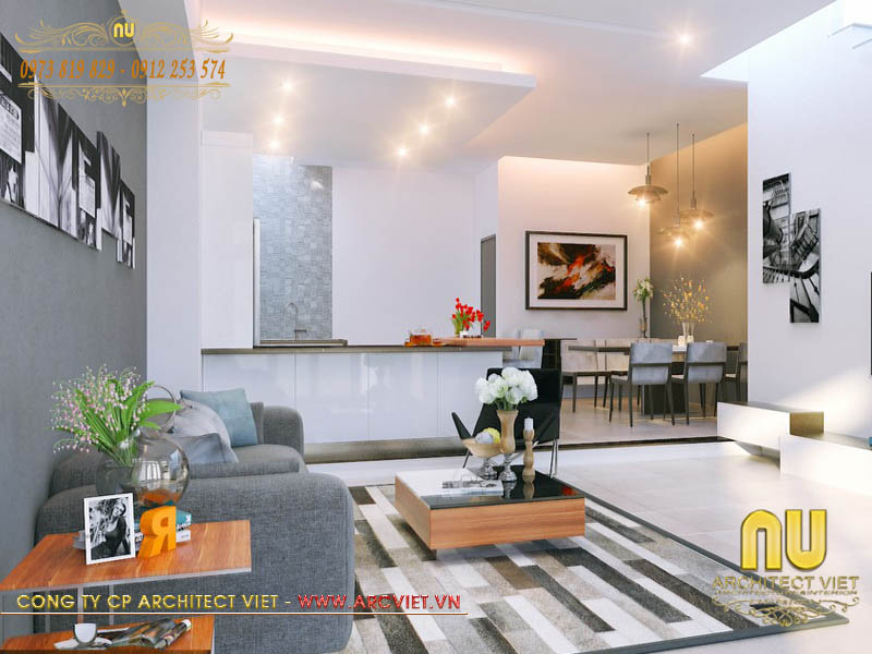 Bếp ăn mẫu thiết kế nhà 6x20 được thiết kế liên thông với phòng khách thiết kế nhà 6x20
