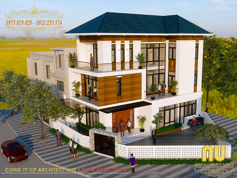 Phối cảnh 3D chi tiết cho mẫu thiết kế nhà hai mặt tiền 3 tầng hiện đại tại Quảng Ninh thiết kế nhà hai mặt tiền
