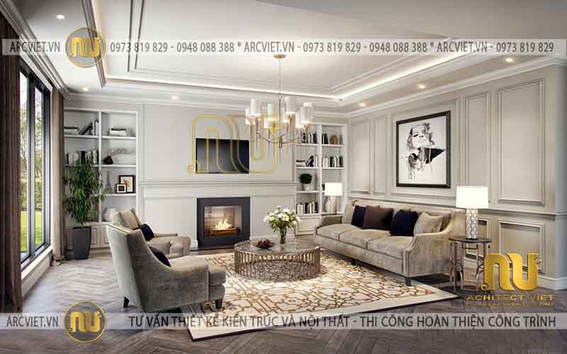 Nội thất phòng khách trong nhà phố tân cổ điển 5x23m - View 1 nhà phố tân cổ điển 5x23m