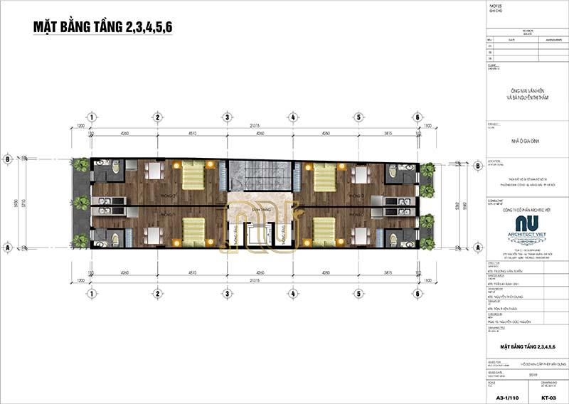 Mặt bằng kiến trúc tầng 2,3,4,5,6. Mẫu nhà ở kết hợp chung cư mini