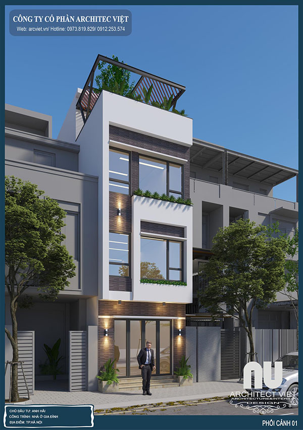 Phối cảnh ngoại thất gây ấn tượng đến từng góc cạnh. Mẫu nhà ống có giếng trời