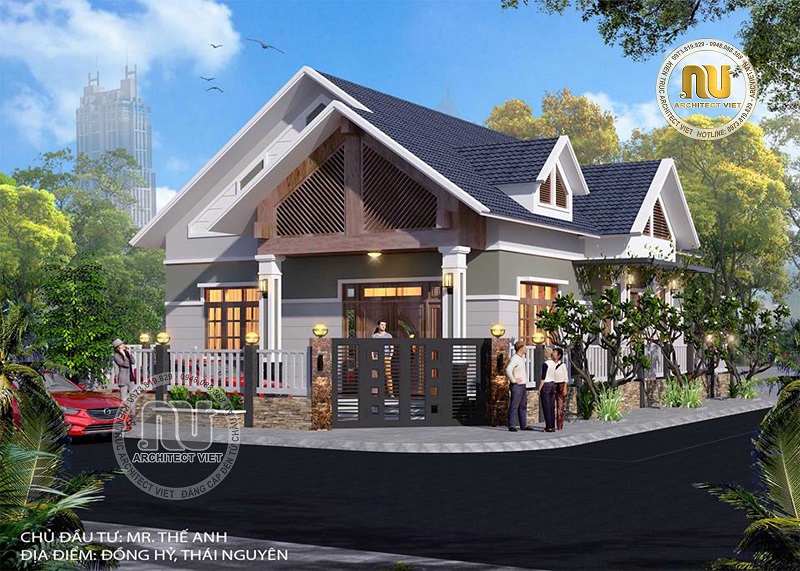 Biệt thự được thiết kế kết hợp sân vườn mang đến sự giao hòa với thiên nhiên. biệt thự 1 tầng ở quê