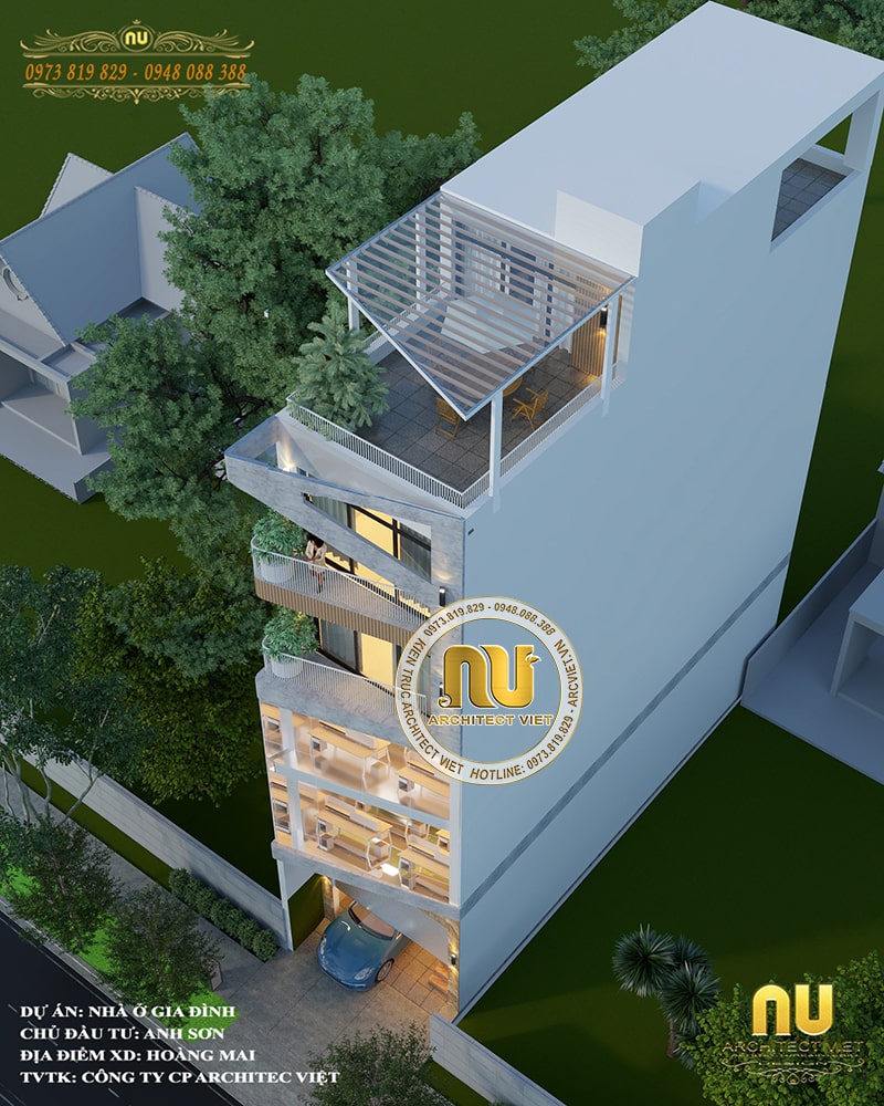 Ngôi nhà ống 6 tầng kết hợp làm văn phòng ở góc nhìn từ trên cao xuống, tất cả các tầng tầng nào cũng thông thoáng và đủ ánh sáng 