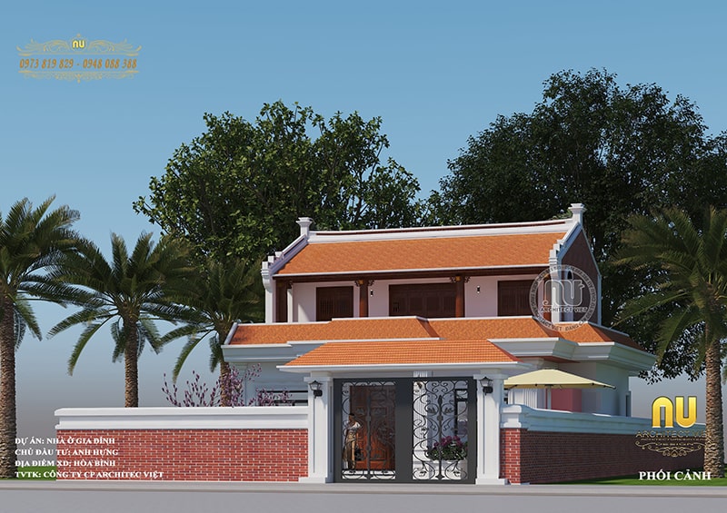 phối cảnh 3D mẫu nhà thờ 3 gian kết hợp nhà ở 2 tầng của gia đình anh Hưng ở Hòa Bình
