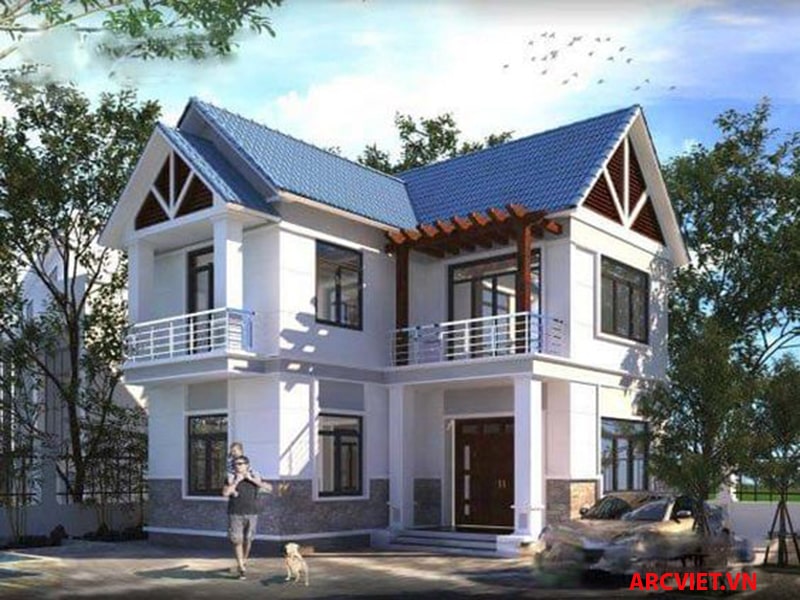 Thiết kế nhà 2 tầng 9x10m mái thái chóp cao