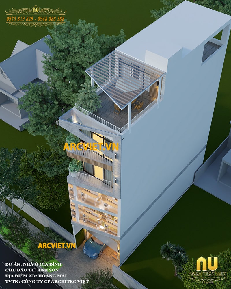 Mẫu nhà 5 tầng thường thiết kế sân chơi trồng cây xanh trên sân thượng 