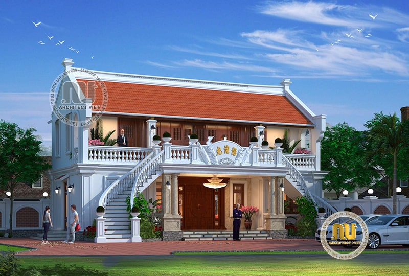 Hình ảnh ngôi nhà thờ 3 gian kết hợp ở có 5 phòng ngủ được lợp ngói màu đỏ nổi bật cả 1 vùng
