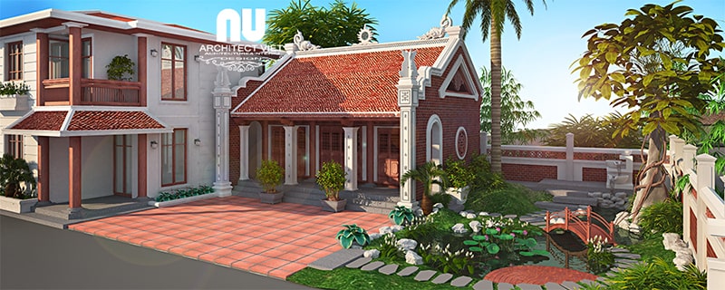 Ngôi nhà ở 2 tầng của gia đình chú Bính được thiết kế kiến trúc đơn giản màu sơn và mái ngói đồng bộ với nhà thờ họ 