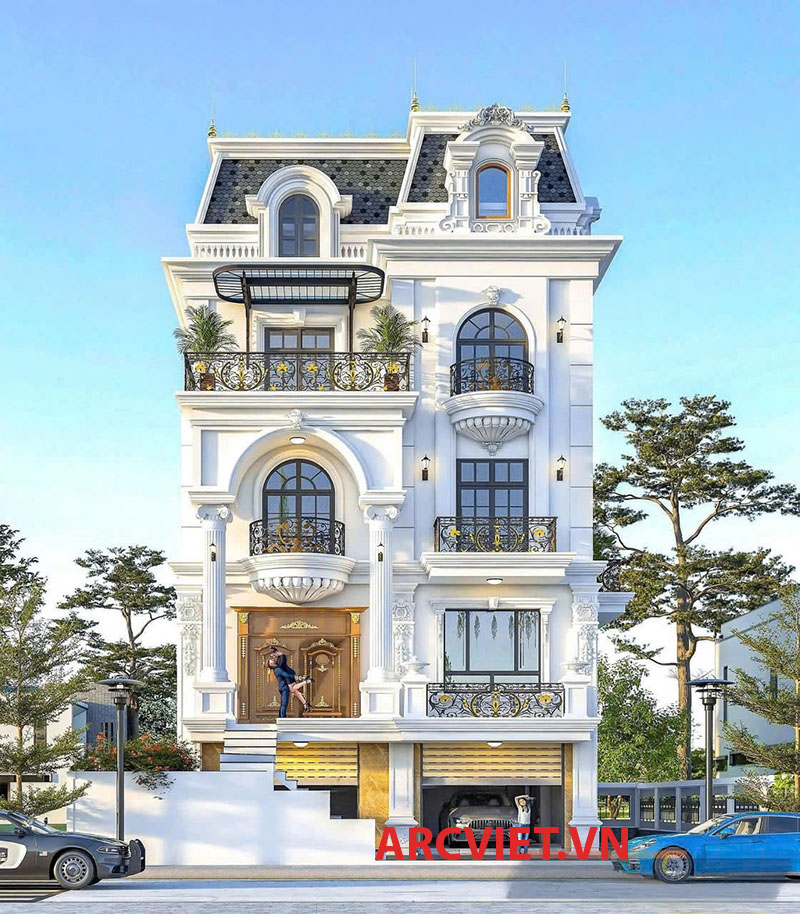 Mặt tiền biệt thự 4 tầng tân cổ điển kiến trúc pháp kết hợp kinh doanh