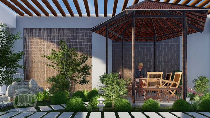 Khung cảnh sân vườn xanh mát được bố trí rất đẹp mắt