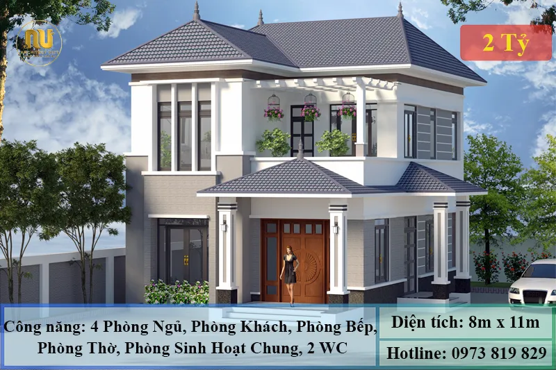 Bản Vẽ Nhà 2 Tầng Mái Nhật 8x12