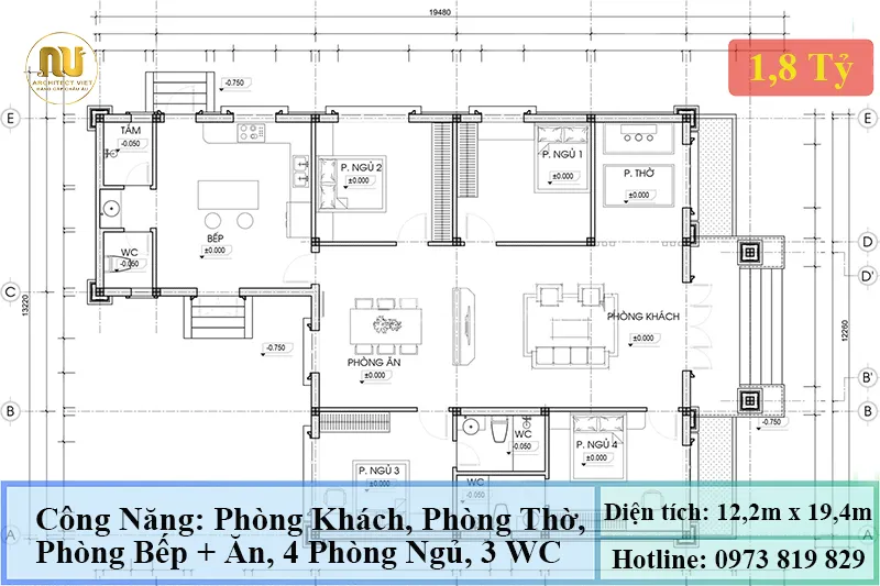 Bản Vẽ Nhà Mái Nhật 1 Tầng 4 Phòng Ngủ