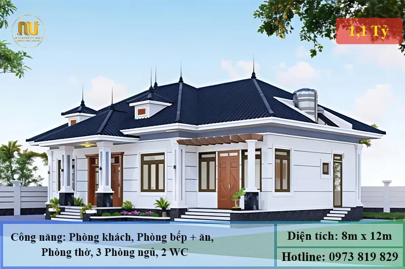 Mẫu Nhà Cấp 4 8x12 3 Phòng Ngủ Mái Nhật Hiện Đại