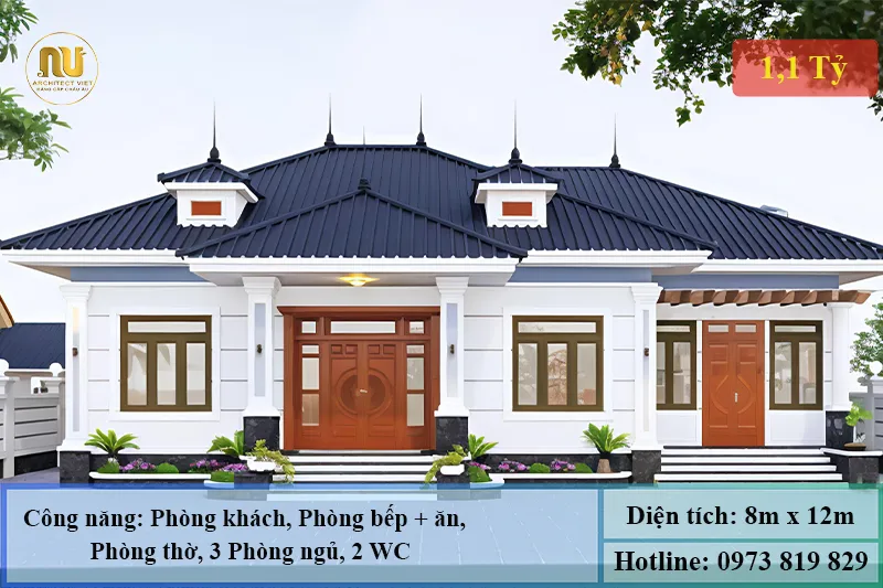 Mẫu Nhà Cấp 4 8x12 3 Phòng Ngủ Mái Nhật Hiện Đại