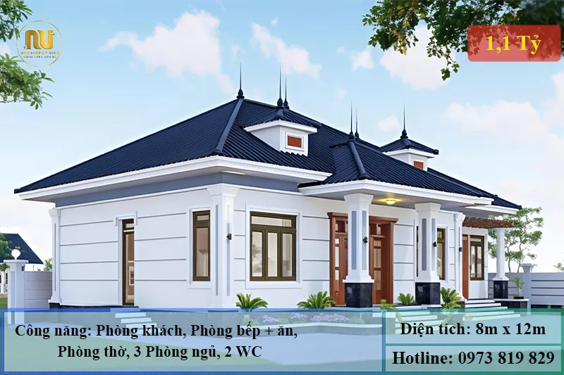 Mẫu Nhà Cấp 4 8x12 3 Phòng Ngủ Mái Nhật Hiện Đại