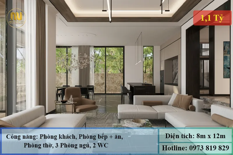 Mẫu Nhà Cấp 4 8x12 3 Phòng Ngủ Mái Nhật Hiện Đại