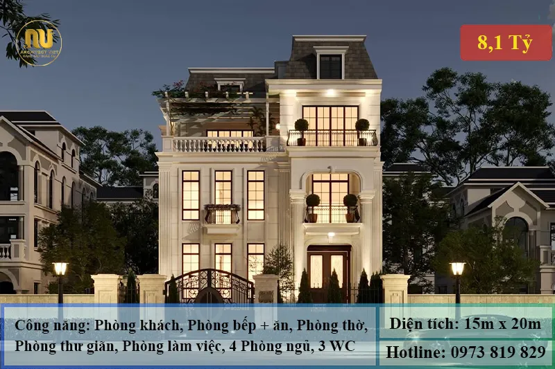 Mẫu Biệt Thự 300m2 Tân Cổ Điển Đẹp Sang Trọng Bậc Nhất