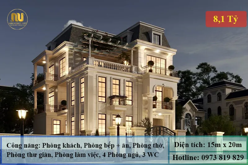 Mẫu Biệt Thự 300m2 Tân Cổ Điển Đẹp Sang Trọng Bậc Nhất