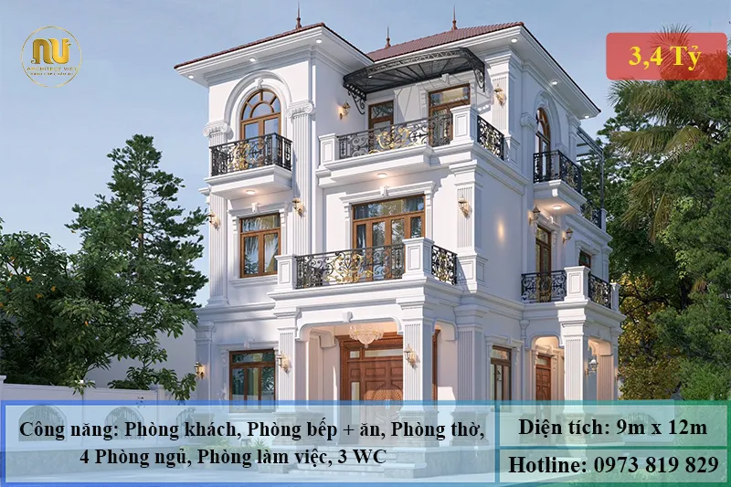 Mẫu Biệt Thự 9x12m – Kiến Trúc Tân Cổ Điển Đẳng Cấp