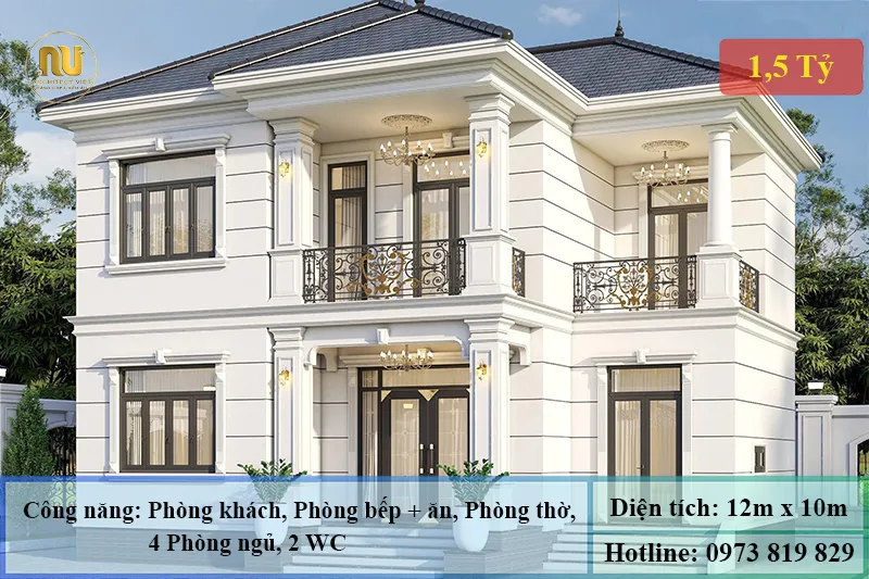Mẫu Nhà 12x10m 2 Tầng Tân Cổ Điển