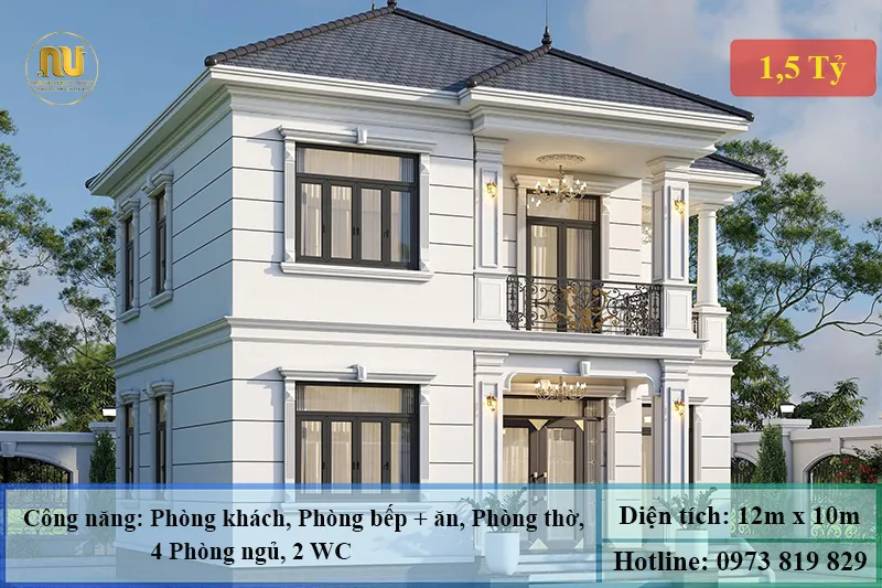 Mẫu Nhà 12x10m 2 Tầng Tân Cổ Điển 