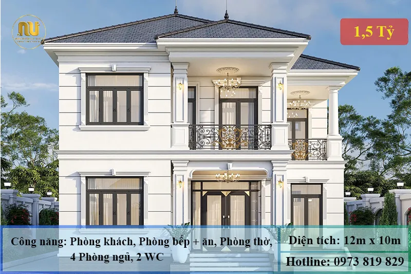 Mẫu Nhà 12x10m 2 Tầng Tân Cổ Điển 