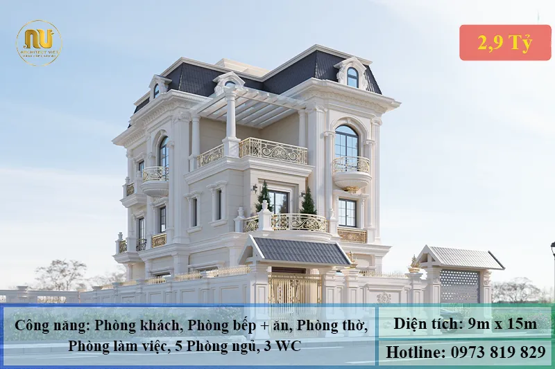 Mẫu Nhà 9x15m 3 Tầng Tân Cổ Điển