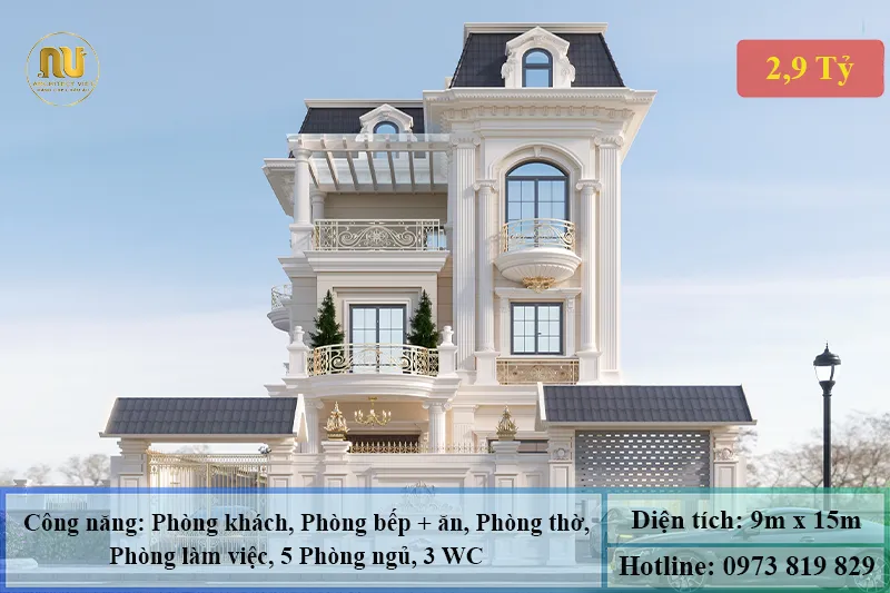Mẫu Nhà 9x15m 3 Tầng Tân Cổ Điển
