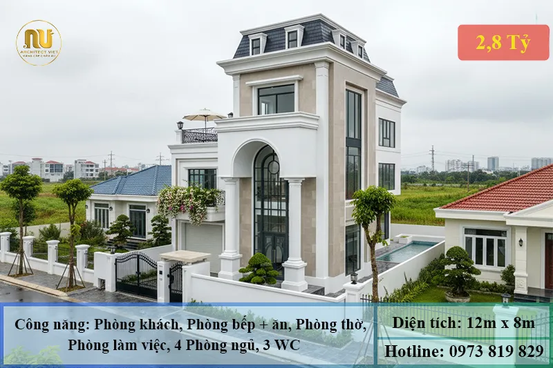 Mẫu Nhà Ngang 12m Sâu 8m 3 Tầng