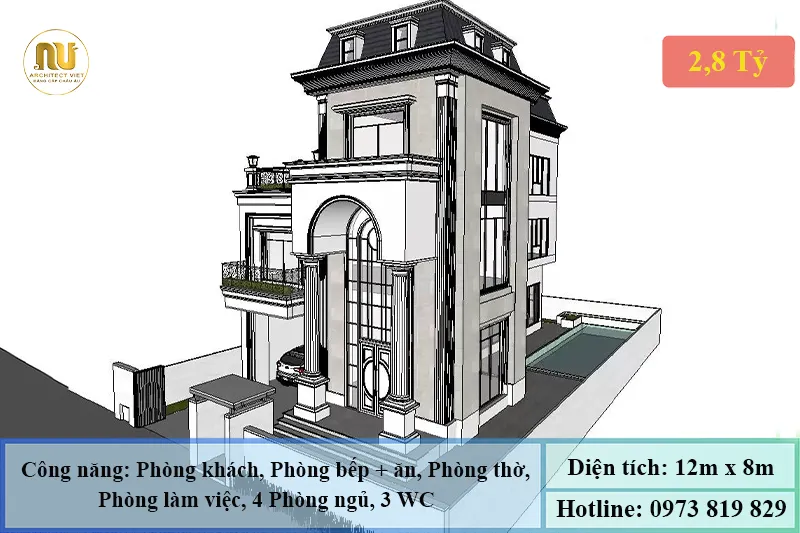 Mẫu Nhà Ngang 12m Sâu 8m 3 Tầng