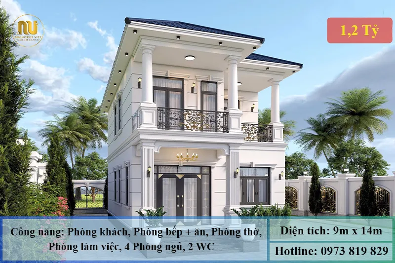 Mẫu Nhà 2 Tầng 9x14m Tân Cổ Điển Sang Trọng