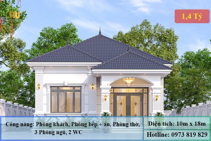 Biệt thự 1 tầng ngang 10m sâu 18m