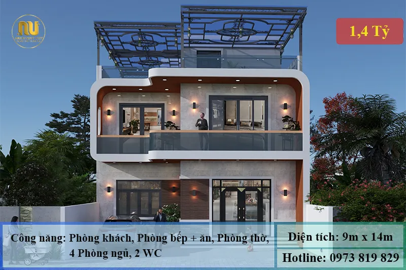 Mẫu Nhà 2 Tầng Mặt Tiền 9m Hiện Đại