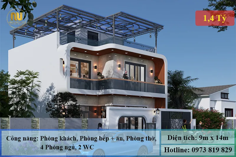 Mẫu Nhà 2 Tầng Mặt Tiền 9m Hiện Đại