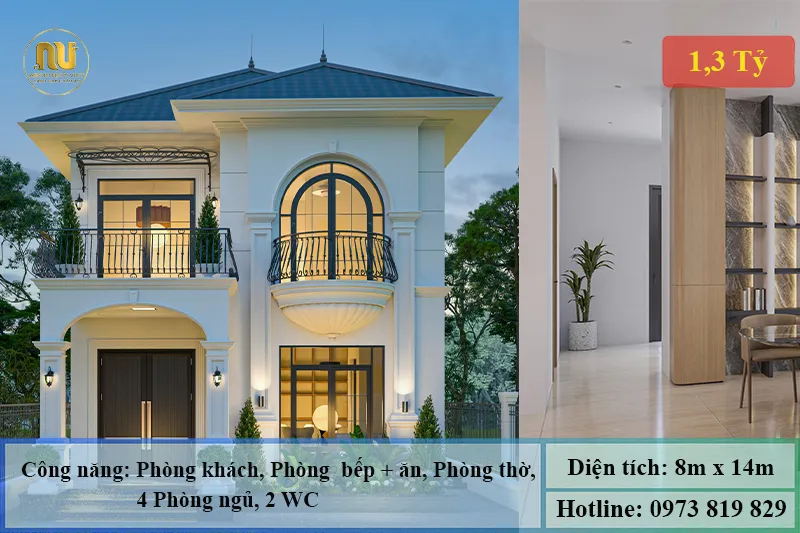 Mẫu nhà 2 tầng ngang 8m dài 14
