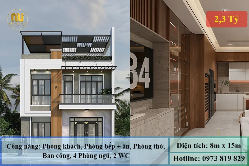 Mẫu nhà 2 tầng ngang 8m sâu 15m