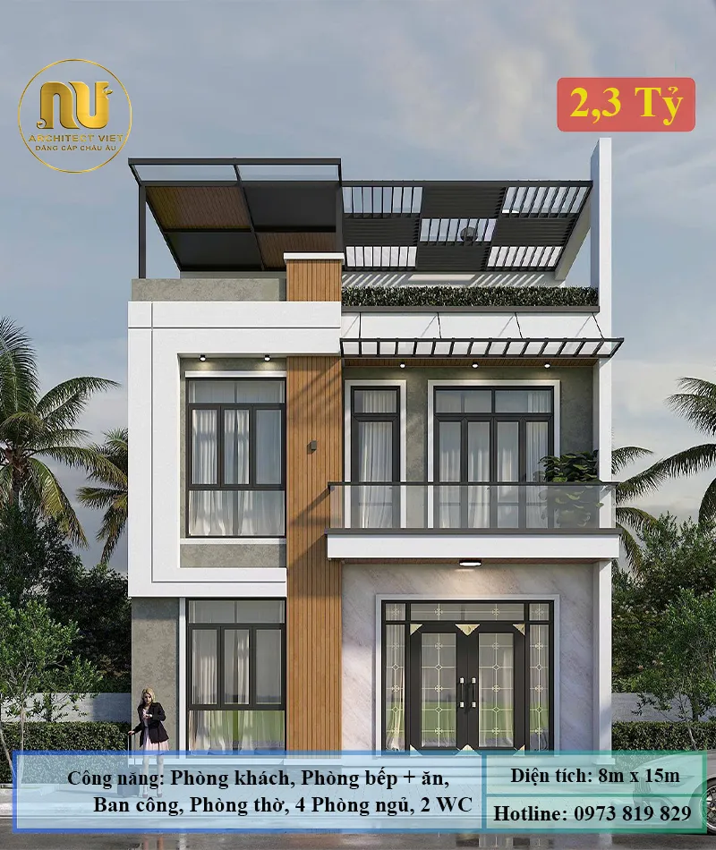 Mẫu nhà 2 tầng ngang 8m sâu 15m