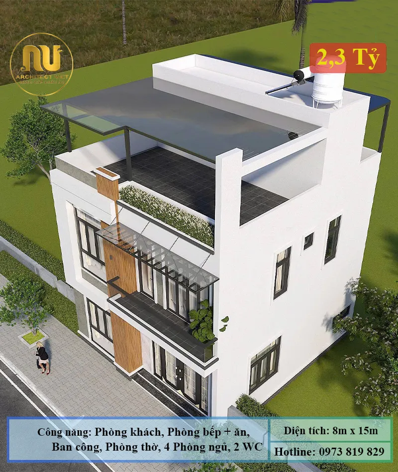 Mẫu nhà 2 tầng ngang 8m sâu 15m